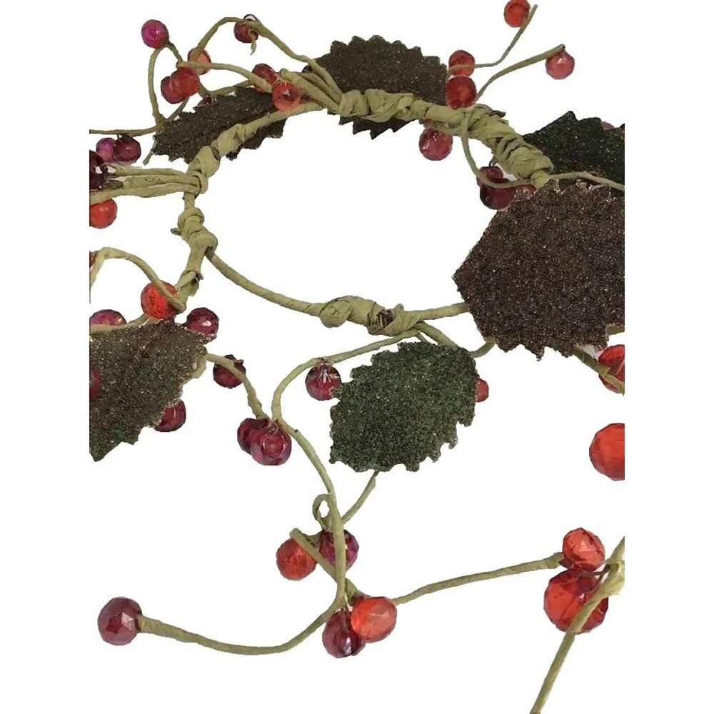 Burgundy Berry Green Leaves Wreath Candle Ring Rustic Wire Red Country Folk Art